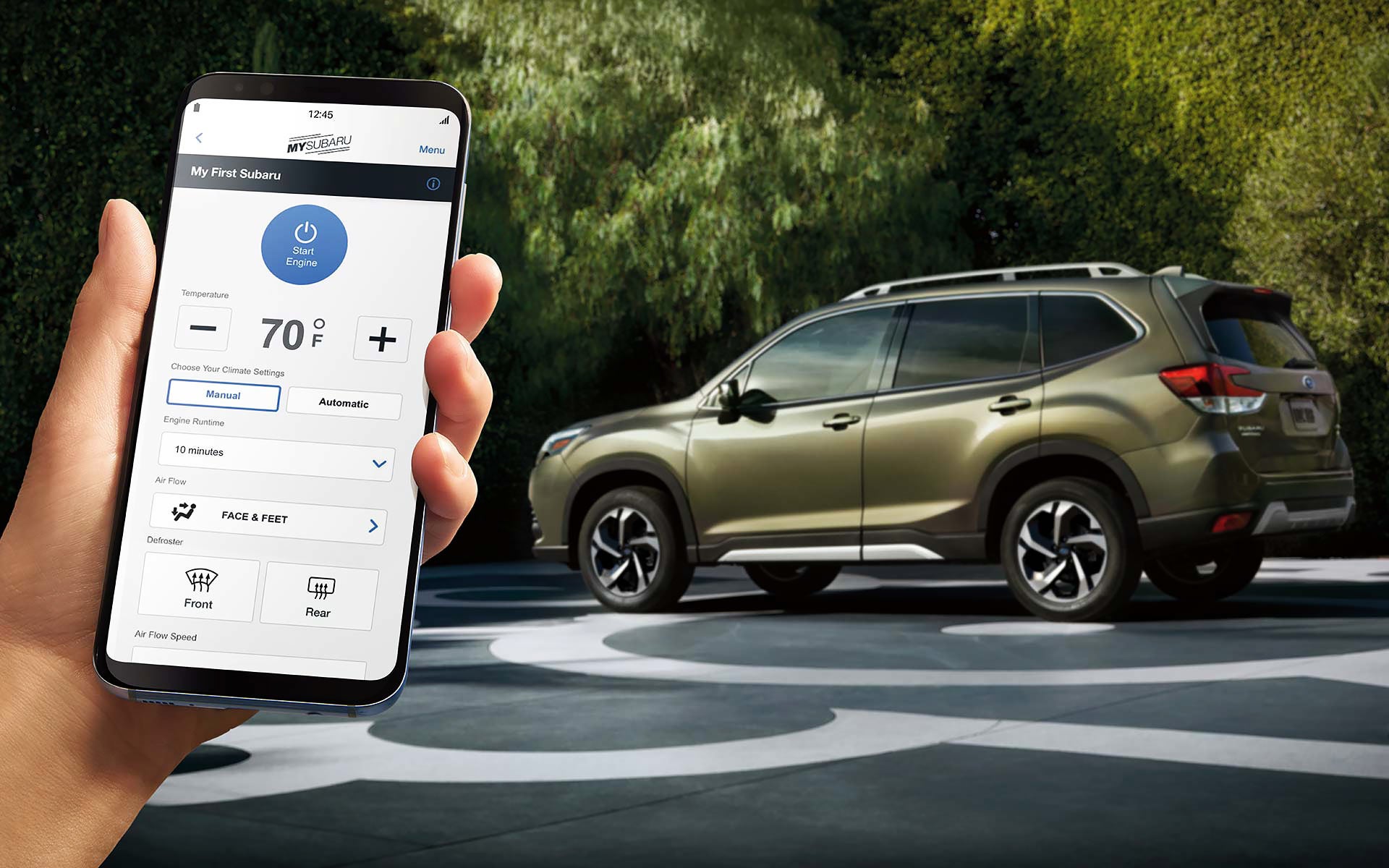 A close-up of a phone showing the Remote Engine Start with Climate Control feature of SUBARU STARLINK® Safety and Security available on the 2022 Forester. | Paul Moak Subaru in Jackson MS