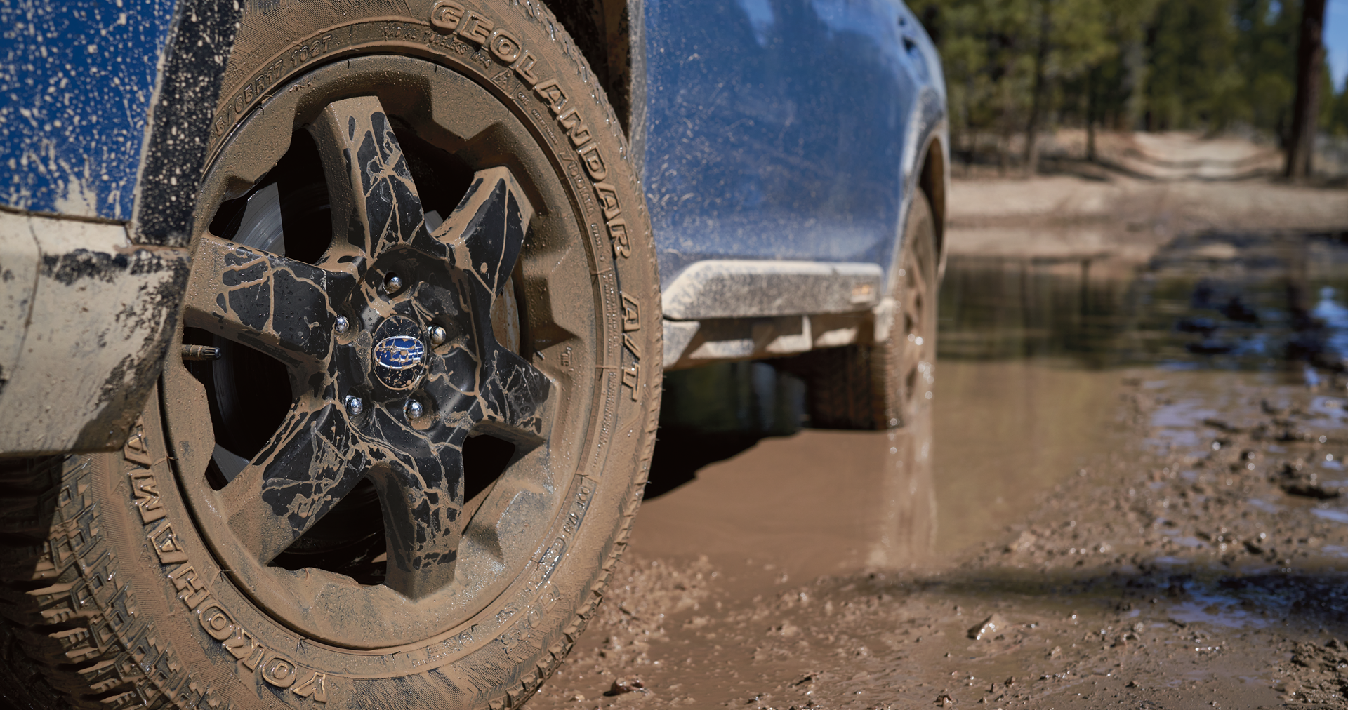 A close-up of the 17-inch off-road wheels and all-terrain Yokohama GEOLANDAR® tires on the 2023 Outback Wilderness. | Paul Moak Subaru in Jackson MS